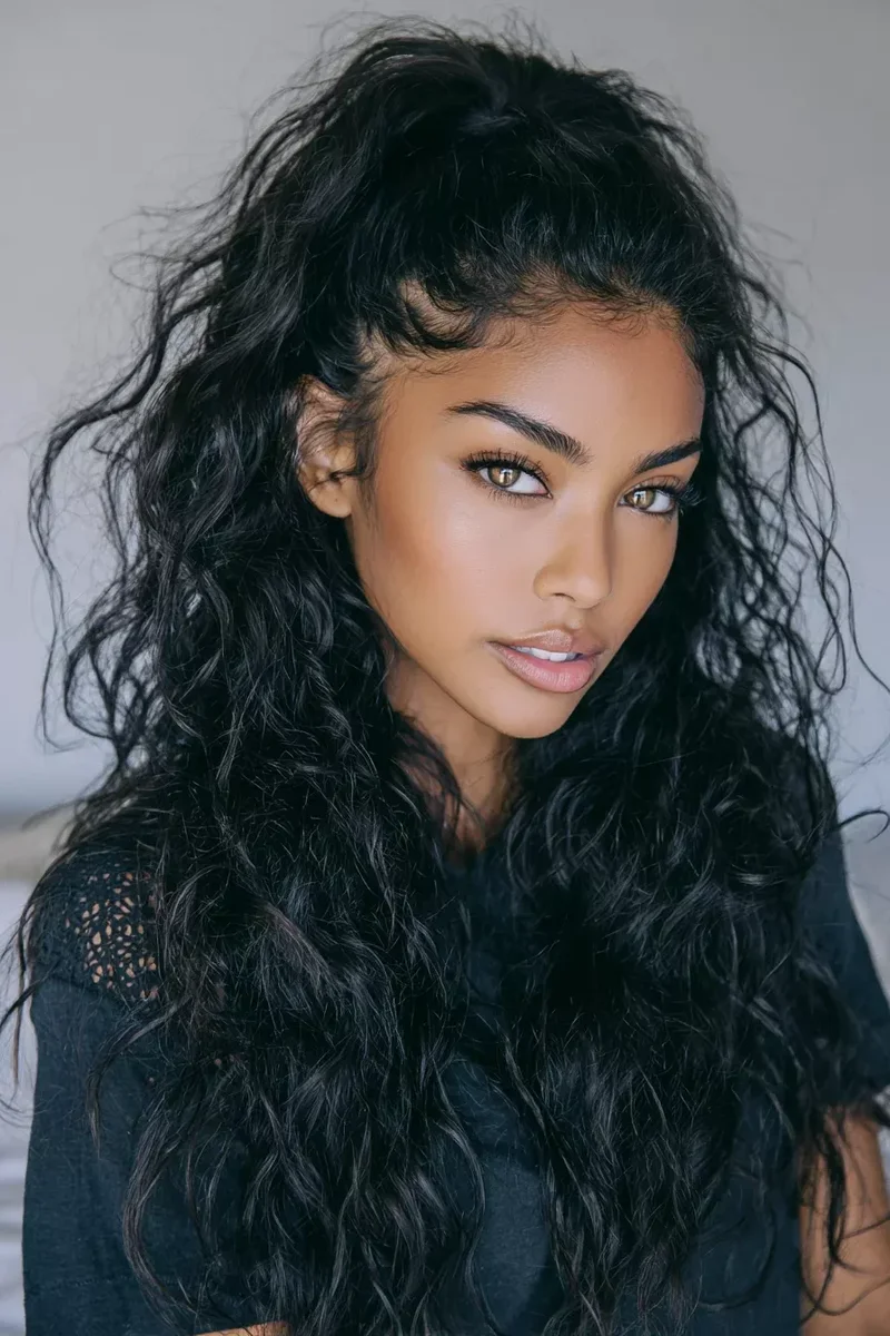 Woman with half-up twisted curly hair
