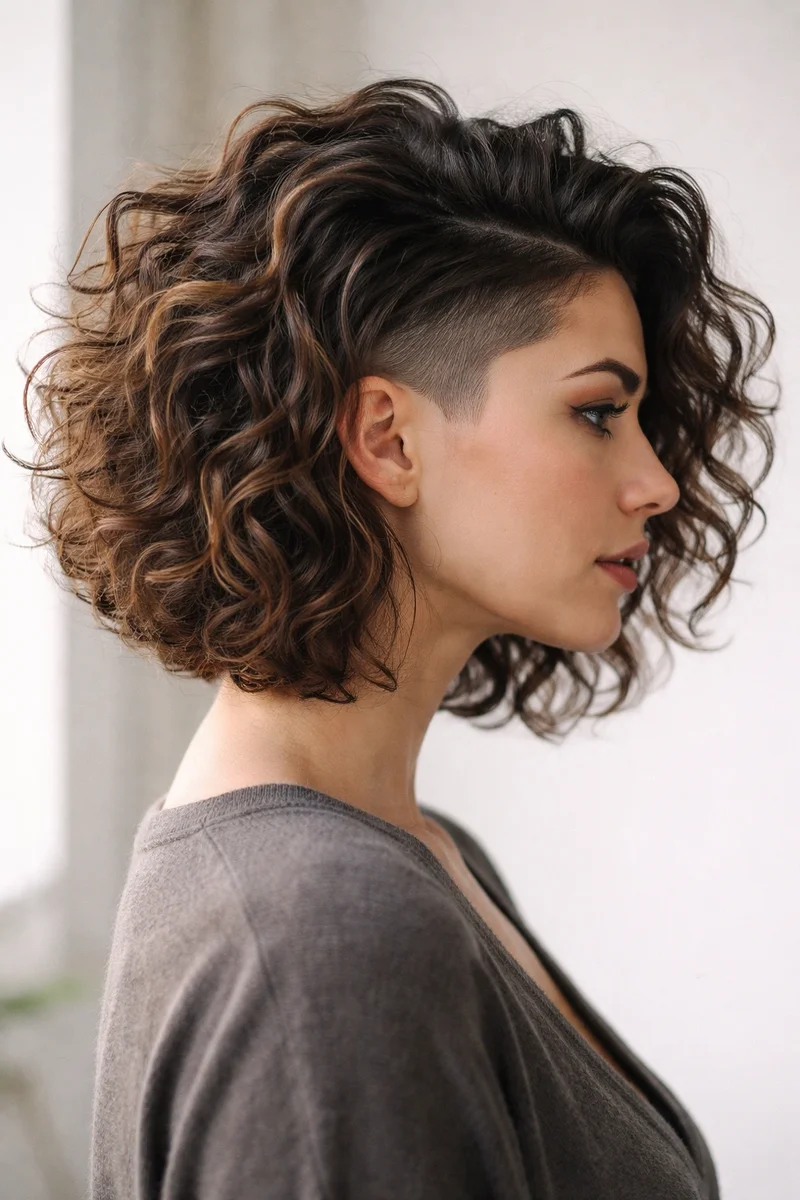 Woman with a textured curly lob haircut
