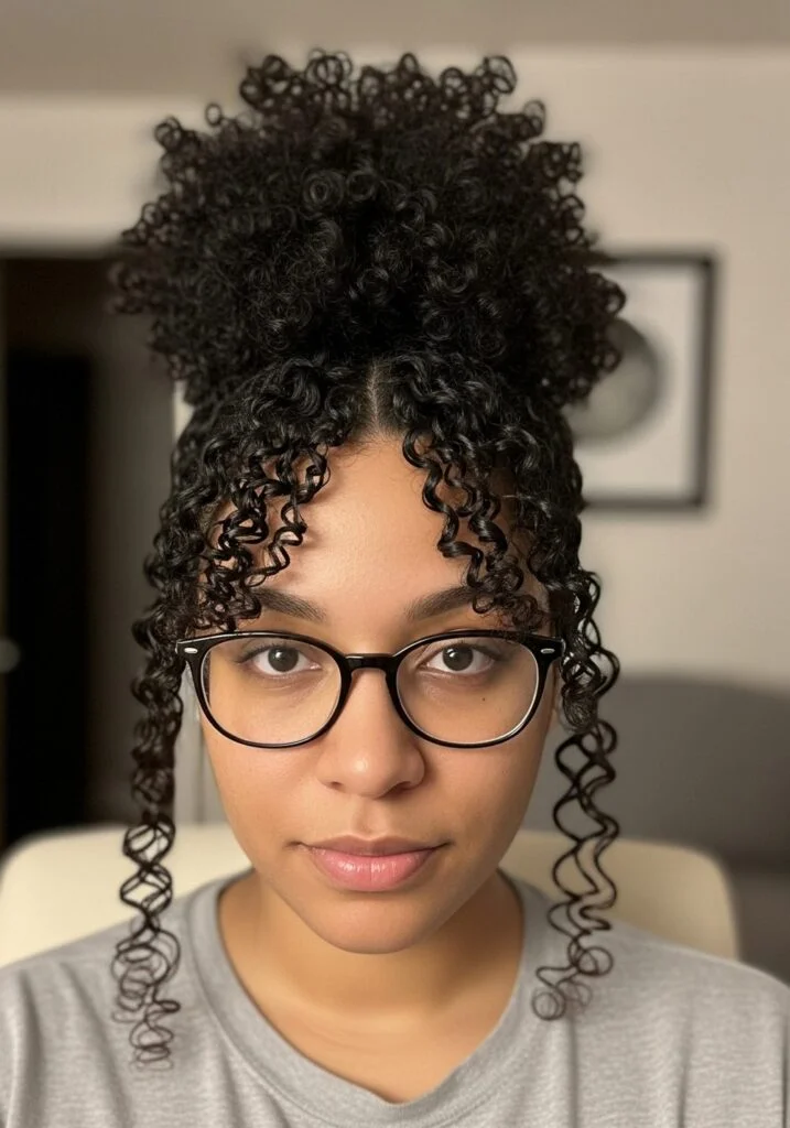 Woman with a pineapple topknot of curly hair