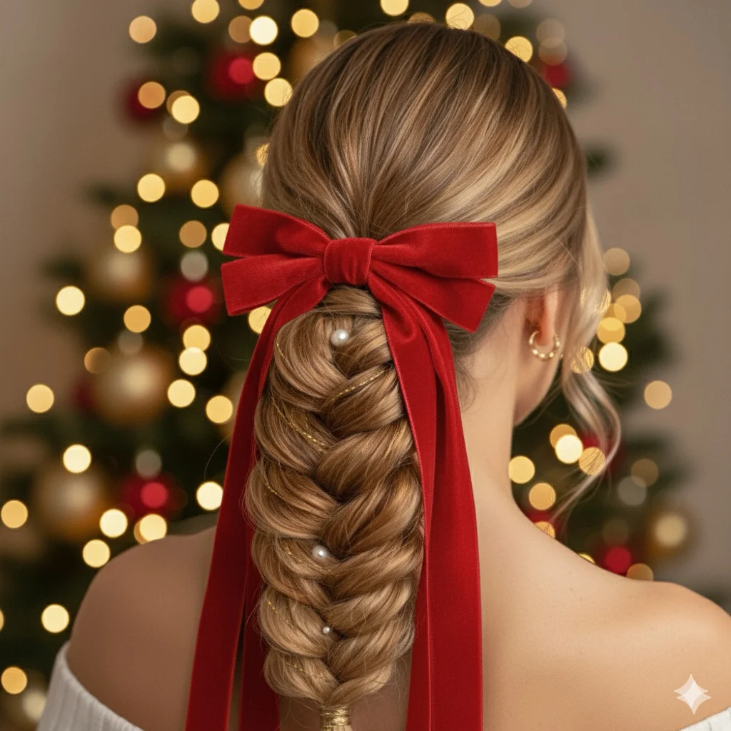Long blonde braid with pearl beads and a large red velvet bow at the crown