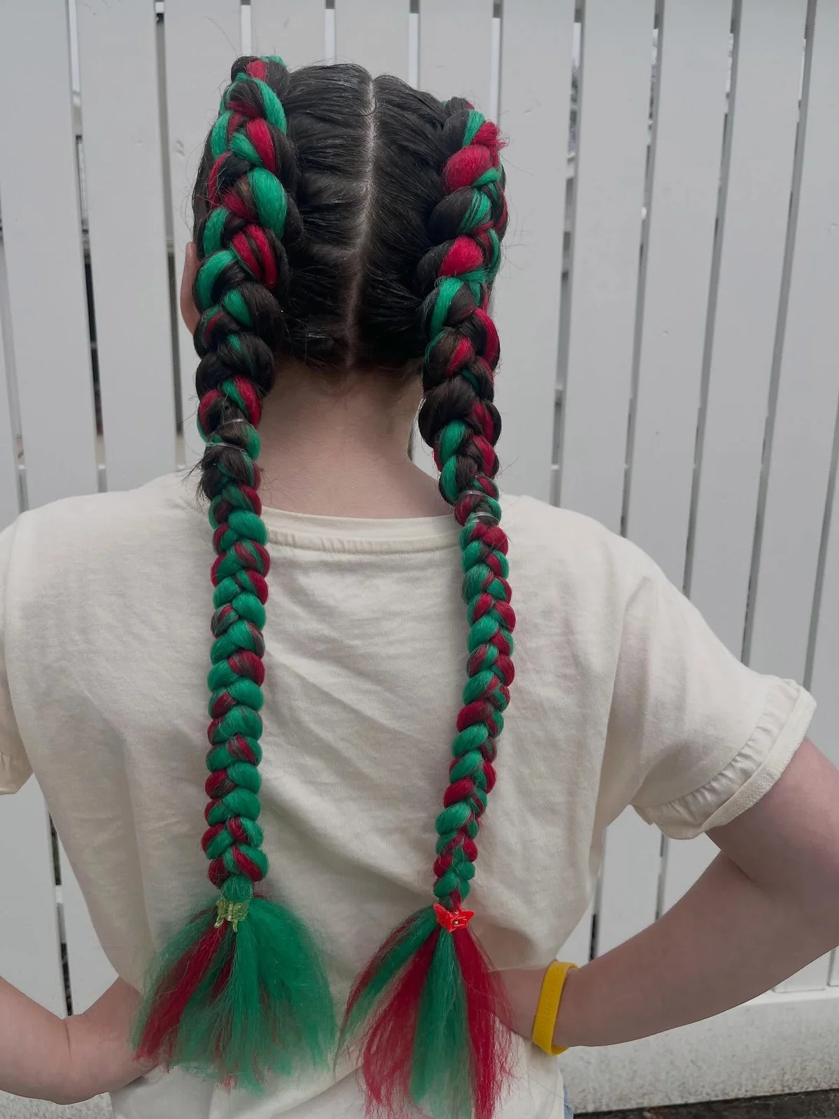 Two symmetrical braided pigtails with red and green hair extensions