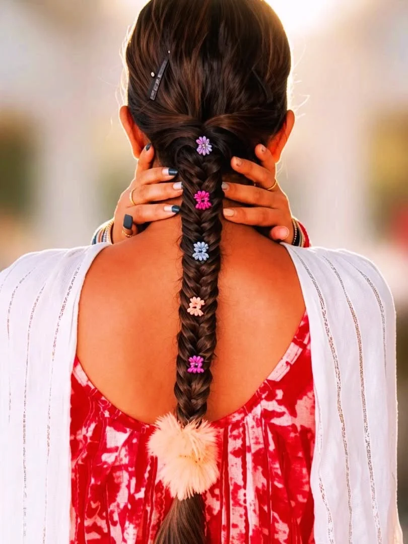 Long thick fishtail braid decorated with small flowers