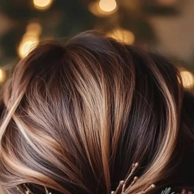 Twisted bun decorated with evergreen sprigs, red berries, and small Christmas ornaments.