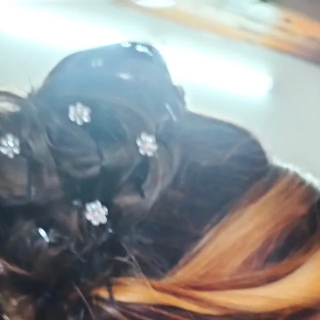 Bun hairstyle accented with small silver flower shaped hair pins.