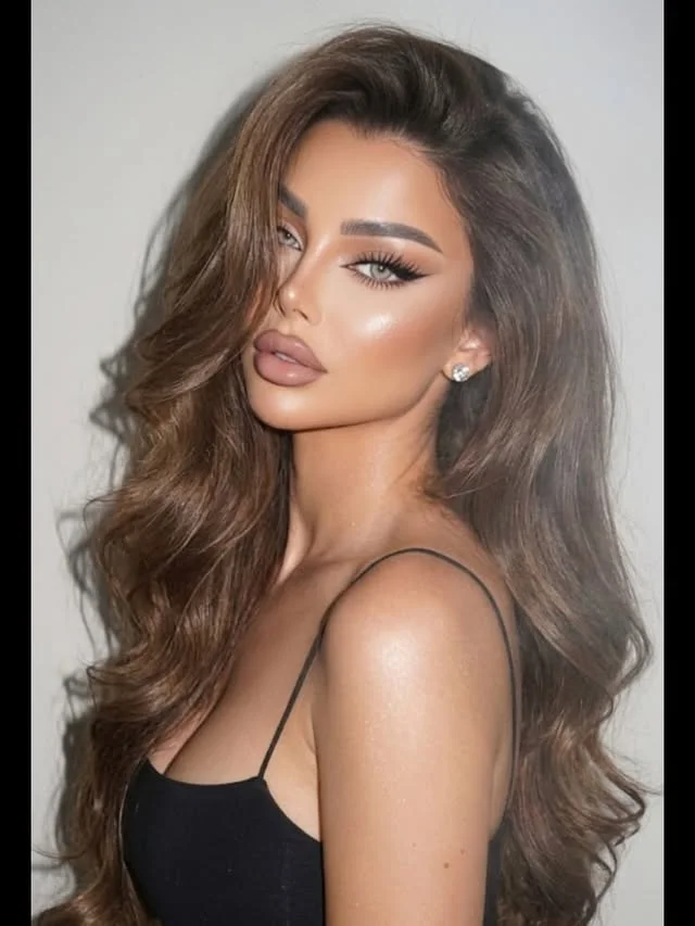 Portrait of a woman with long voluminous wavy brown hair styled with glamour waves.