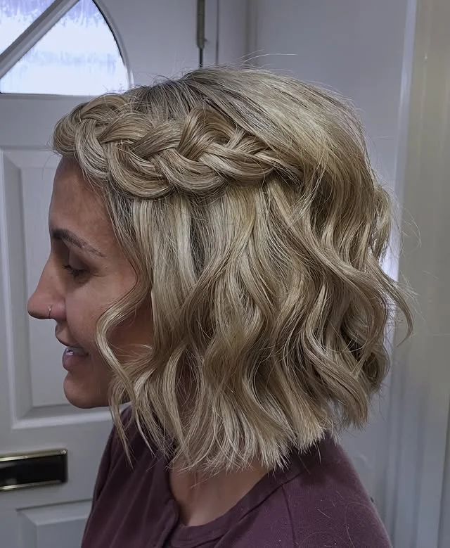 Side view of a blonde wavy bob with a thick braid swept across the top of the head.