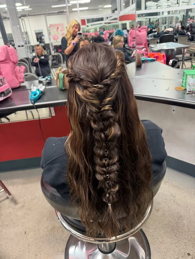Twisted crown sections flowing into a bubble braid down the back