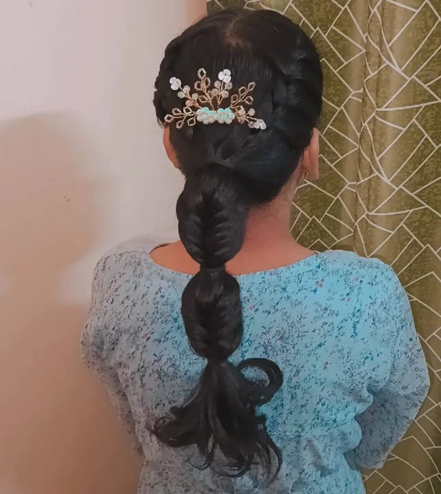 A woman with long dark hair in a low ponytail with crown braids and a jeweled hair clip, viewed from behind.