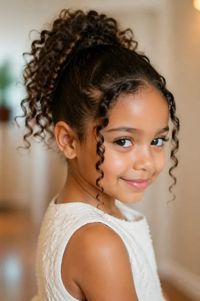Girl with a high curly ponytail