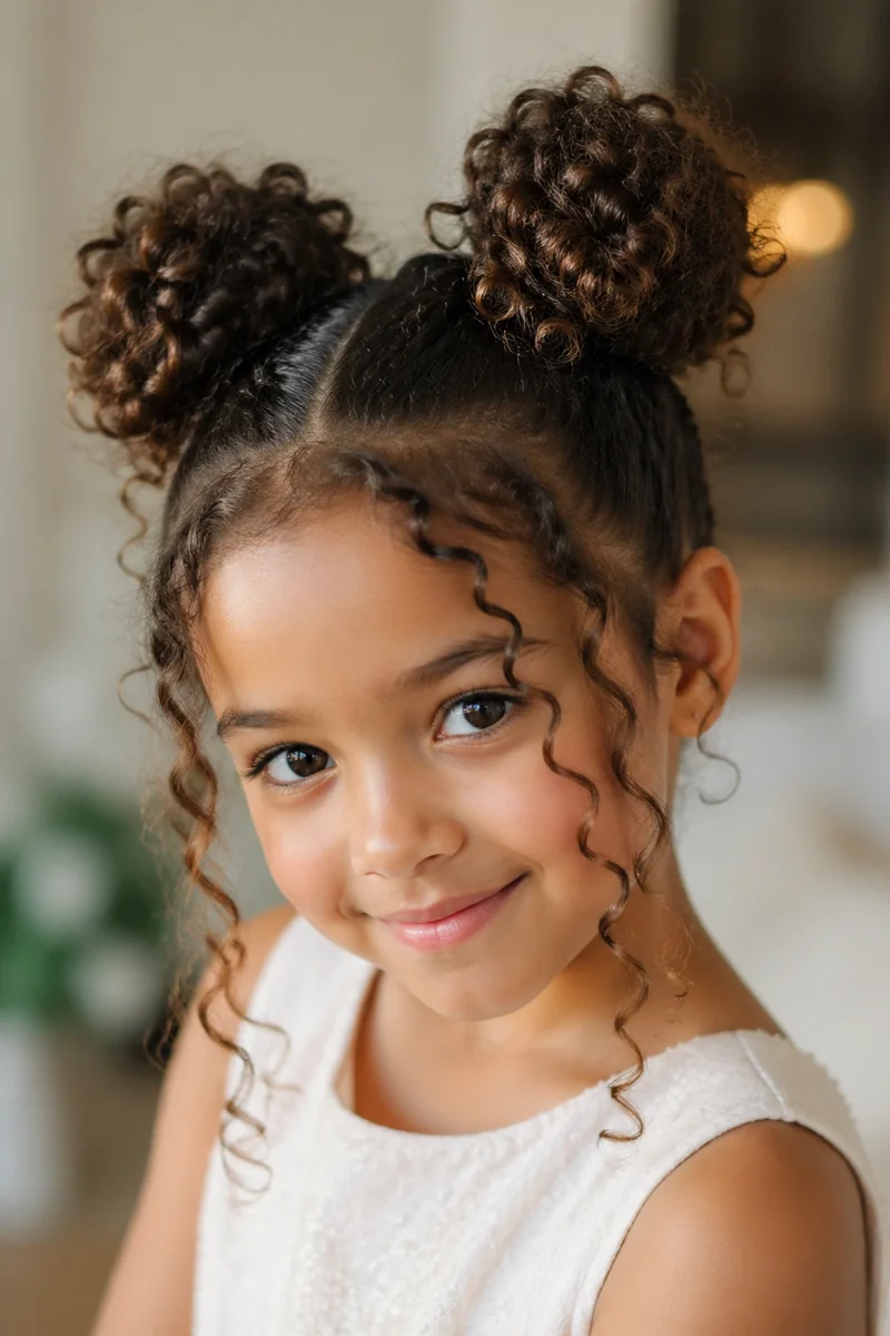 Girl with curly space buns