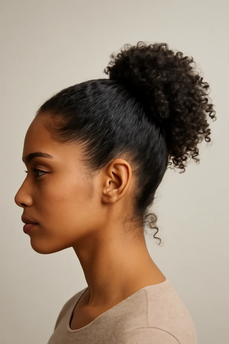 Girl with a short curly pineapple ponytail