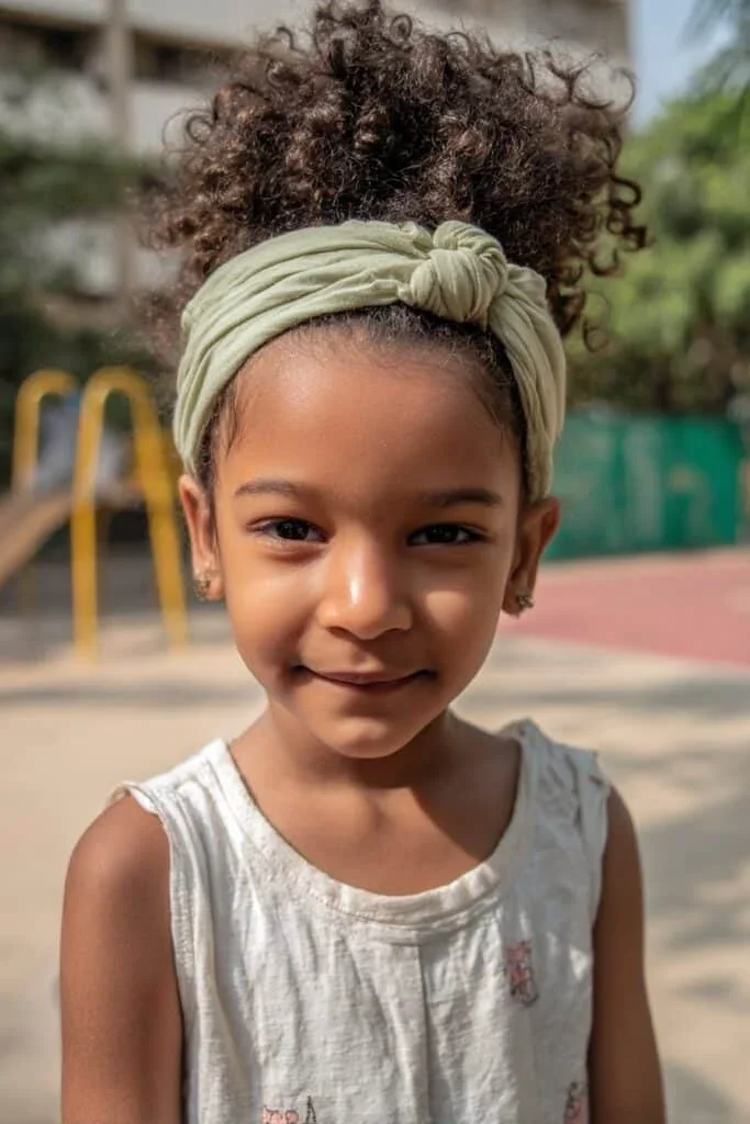 Girl with a curly puff and headband