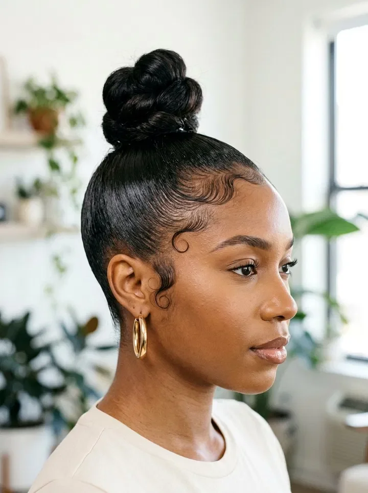 Woman with a slicked back curly bun