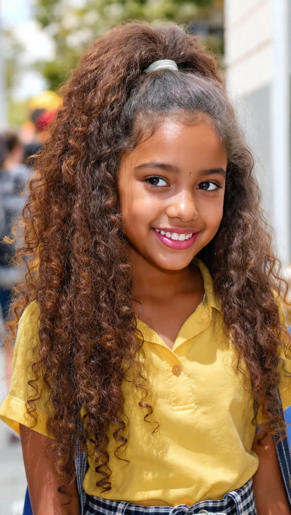 Girl with a quick curly school ponytail