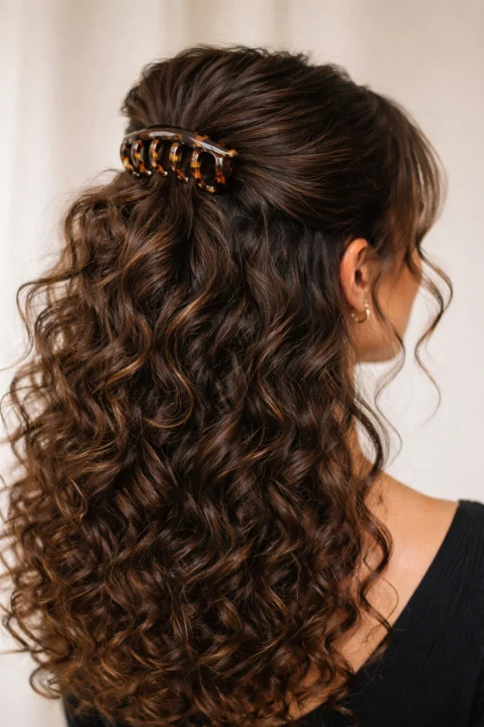 Girl with a half up curly knot