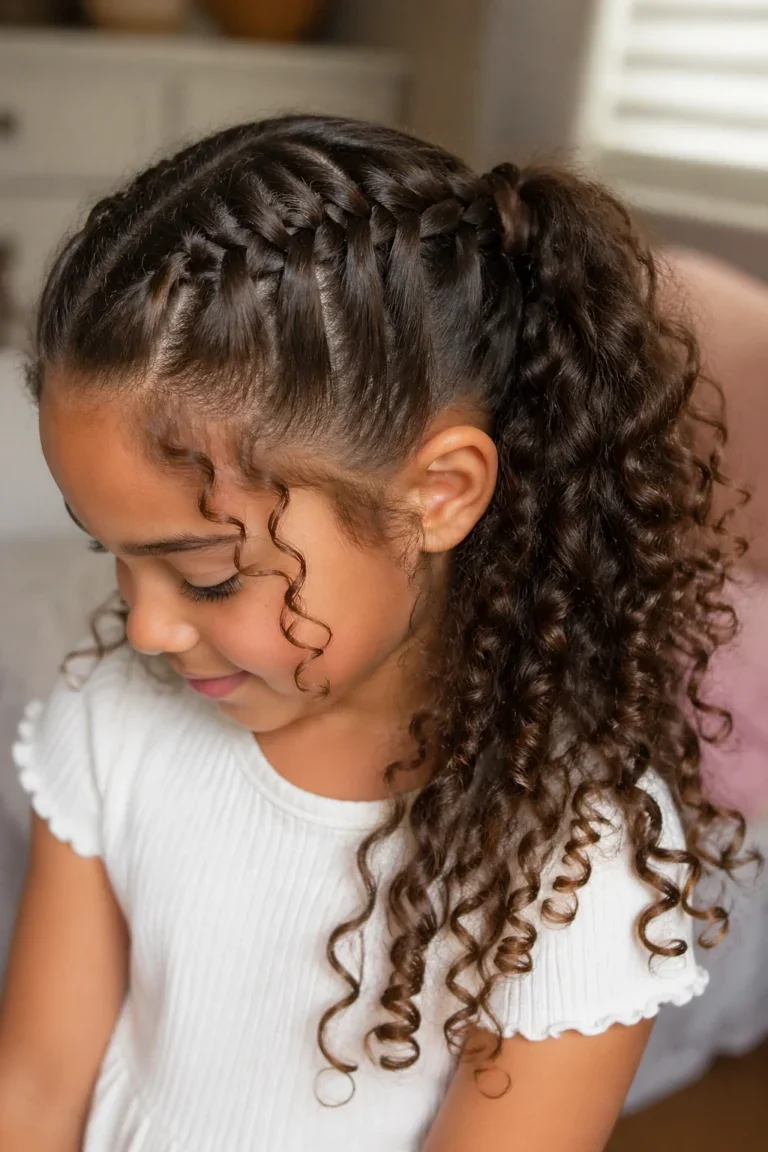 Girl with a braided accent curly ponytail