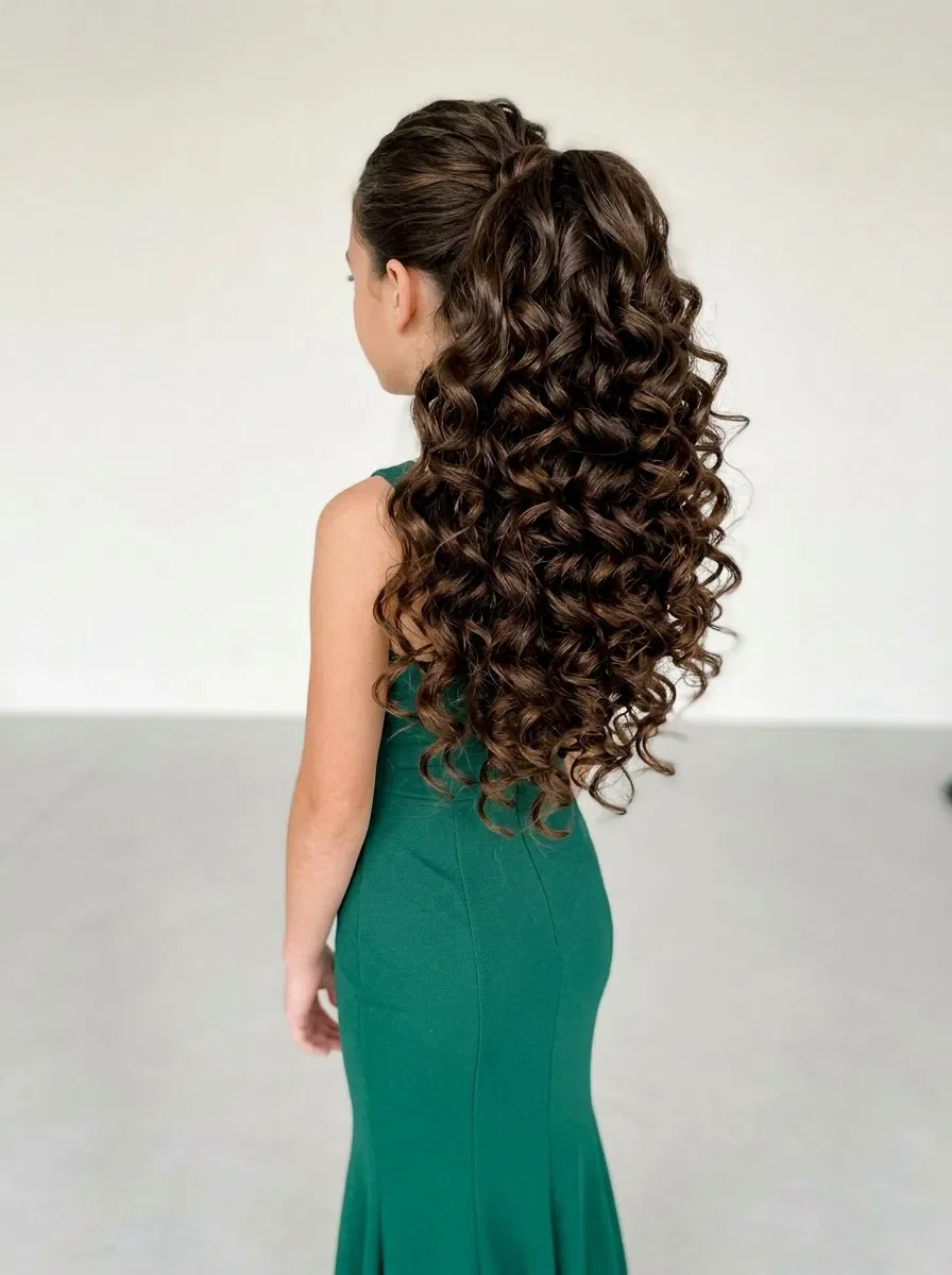 Teen with a high curly ponytail