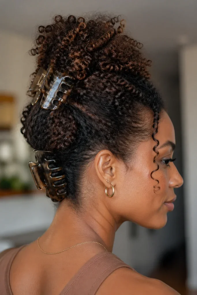 Teen with curls held up by a claw clip