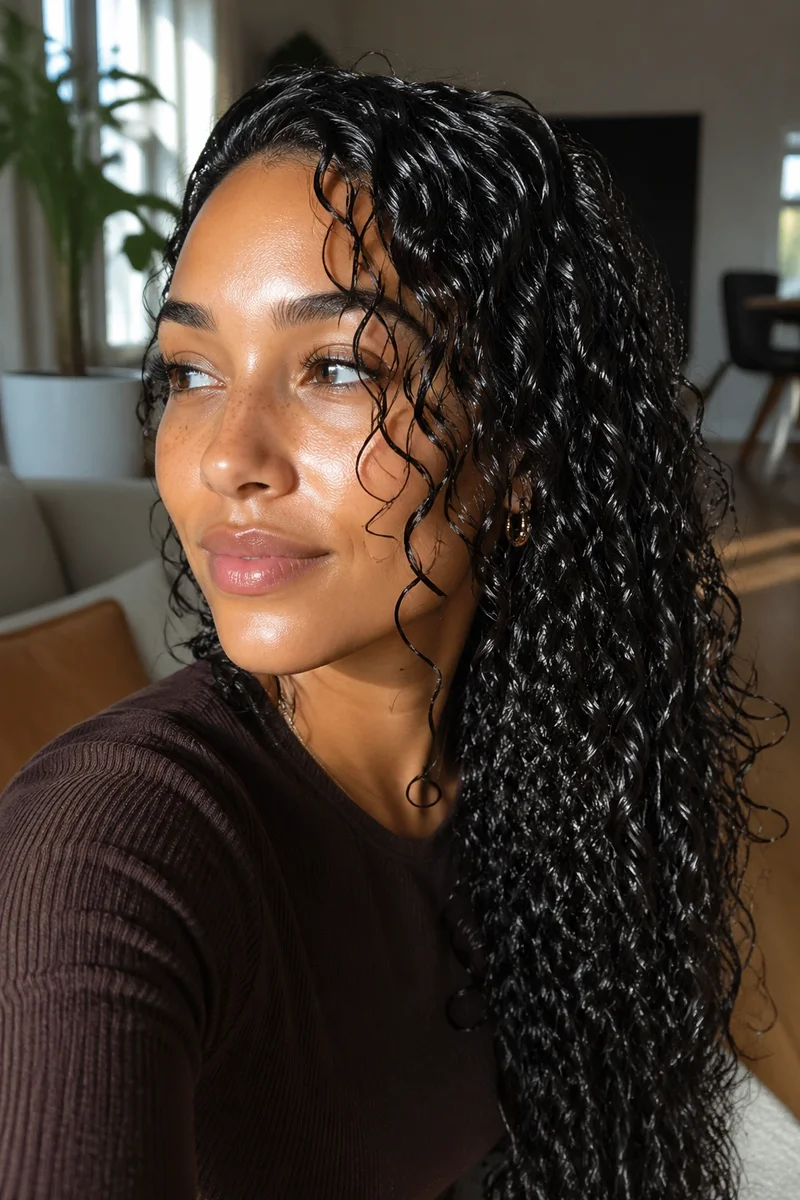 Teen with wet look waves in curly hair