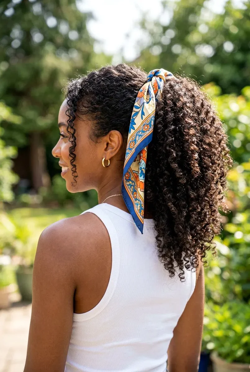 Teen with a scarf tied around a curly ponytail