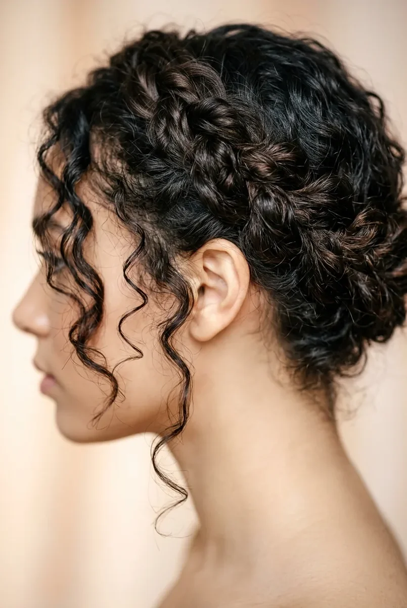 Teen with a twisted crown updo in curly hair