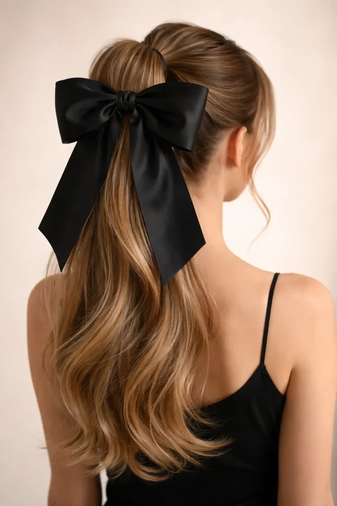 Teen with a ribbon bow on a curly ponytail