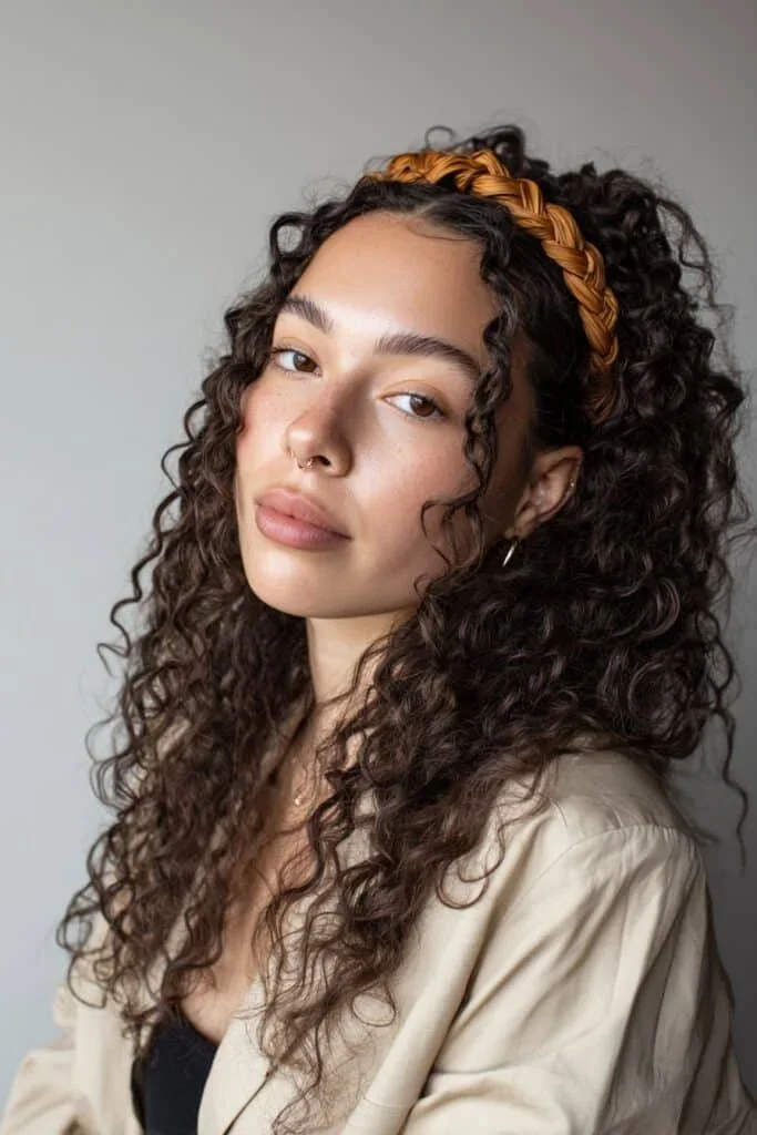 Teen with a braided headband in curly hair