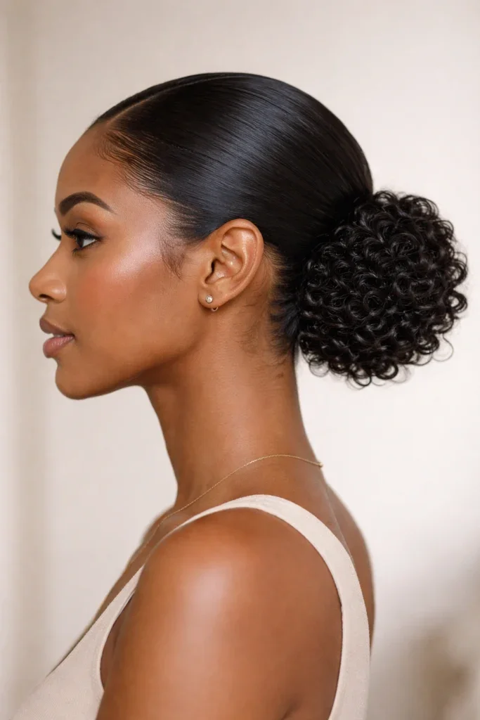 Teen with a low sleek bun in curly hair