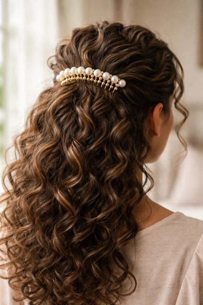 Woman with pearl pins in curly half up hair