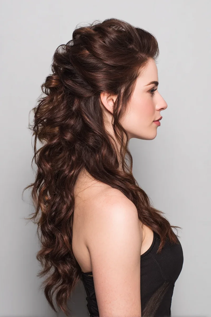 Woman with voluminous crown lift in curly half up hair