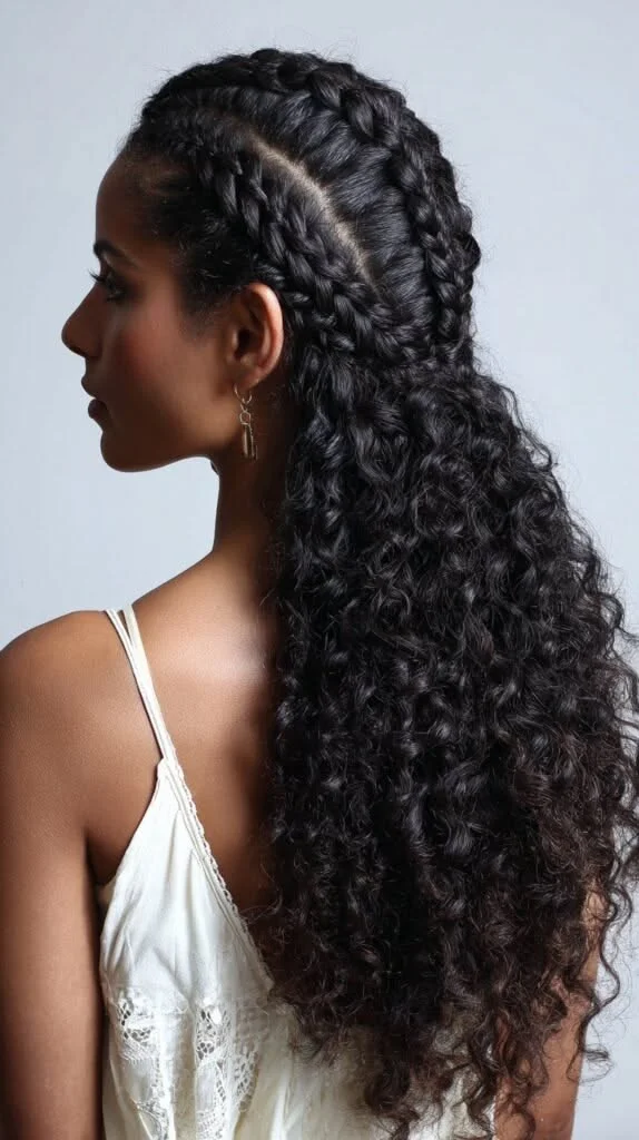 Woman with fishtail accent braid in curly half up hair