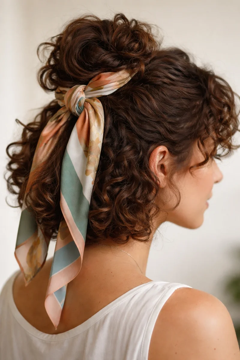 Woman with scarf tied in curly half up hair