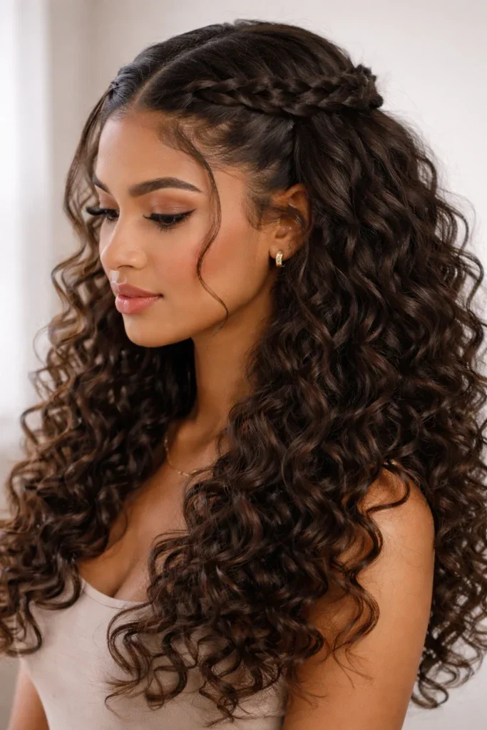 Woman with braided top half in curly hair