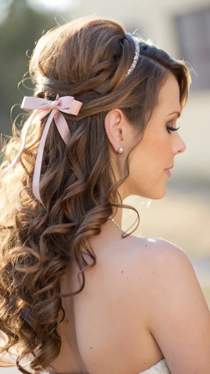 Woman with ribbon bow in curly half up hair