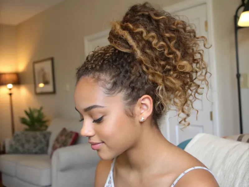 Woman with pineapple half up curly hairstyle