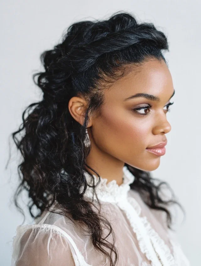 Woman with side swept twists in curly half up hair