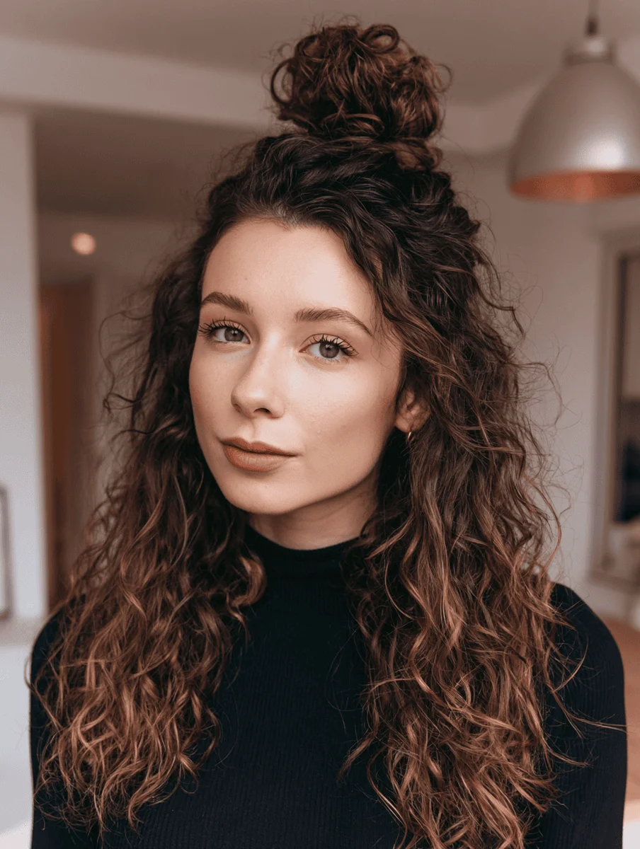 Woman with knotted half bun and curly hair down