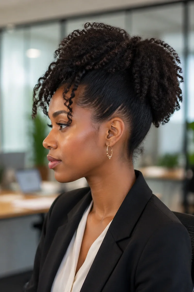 Woman with a defined curly high puff