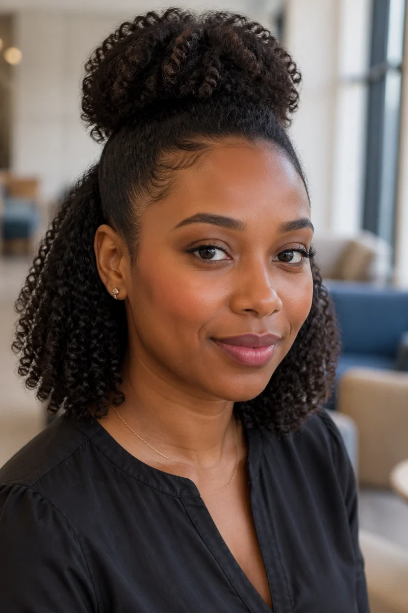 Woman with a pineapple puff curly office style