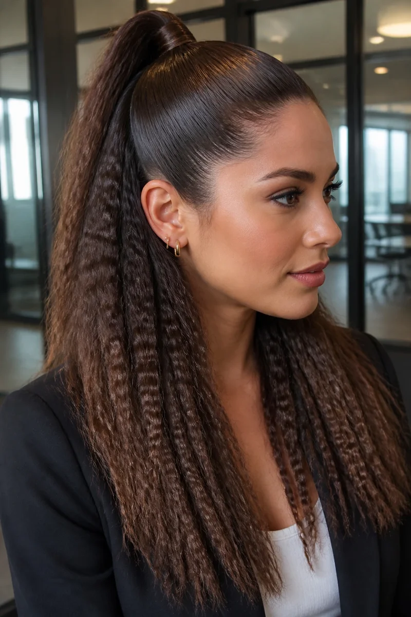 Woman with a wrapped base curly ponytail