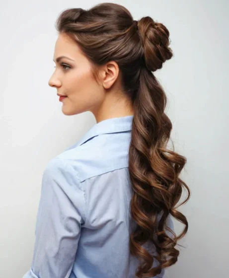 Woman with a twisted halo curly style