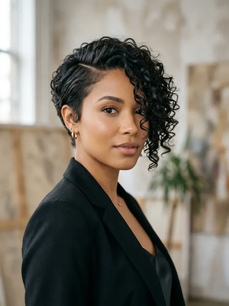 Woman with a soft curly pixie cut
