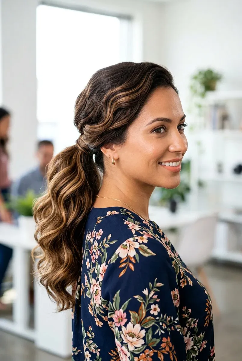 Woman with smooth side parted curly hair