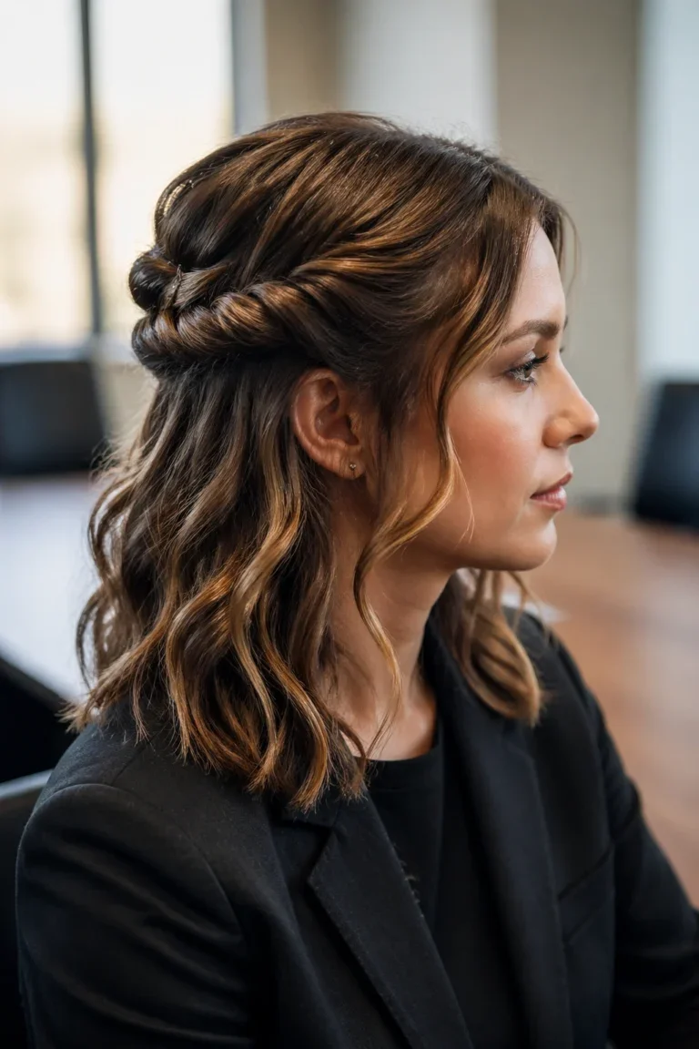 Woman with a half up twisted curly style