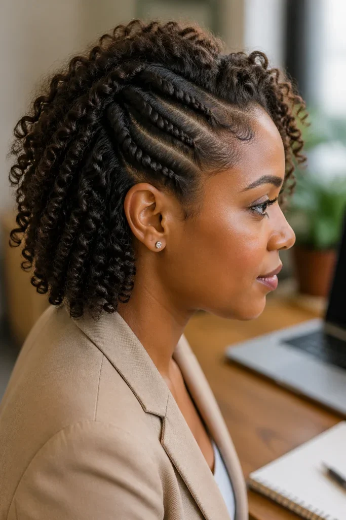 Woman with a braided crown curly updo