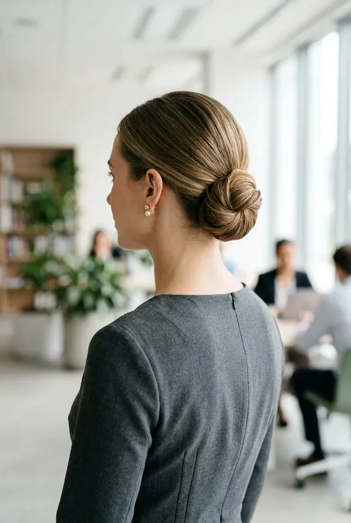 Woman with a low twisted curly bun