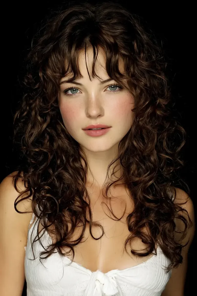 Woman with soft curtain bangs and curly hair