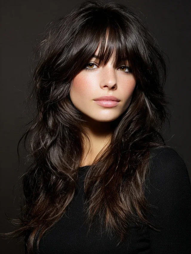 Woman with long layered waves and bangs