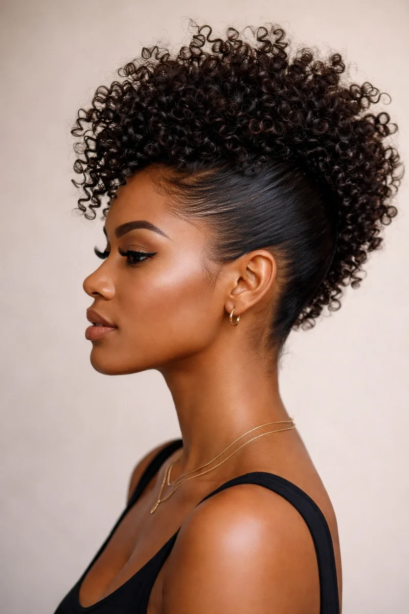 Woman with sleek sides and curly bangs