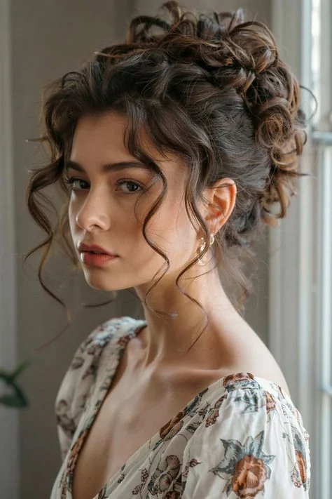 Woman with a romantic curly chignon and bangs